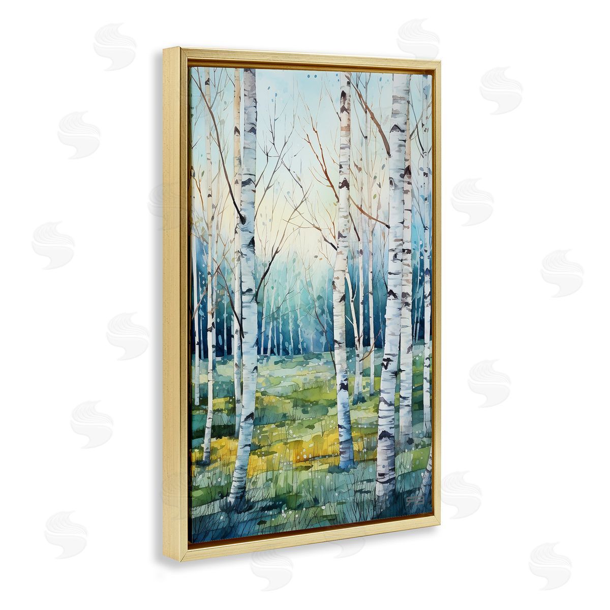 Summer Birch Forest Gold Floating Frame Canvas Wall Art, Home Decor by Roozbeh Bahramali