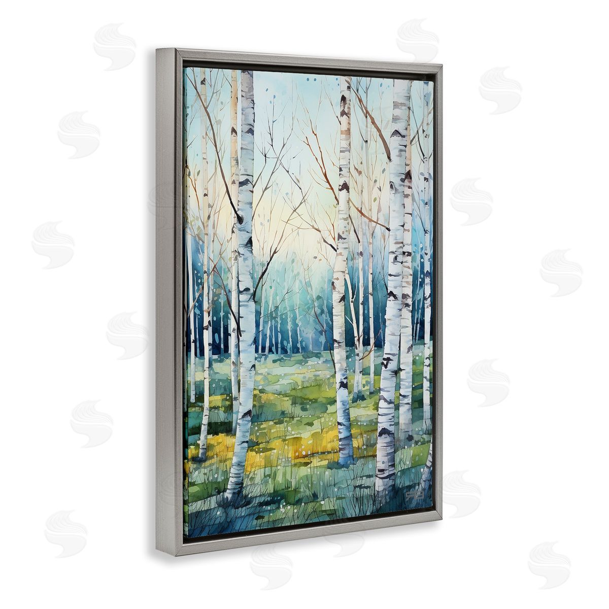 Summer Birch Forest Grey Floating Frame Canvas Wall Art, Home Decor by Roozbeh Bahramali