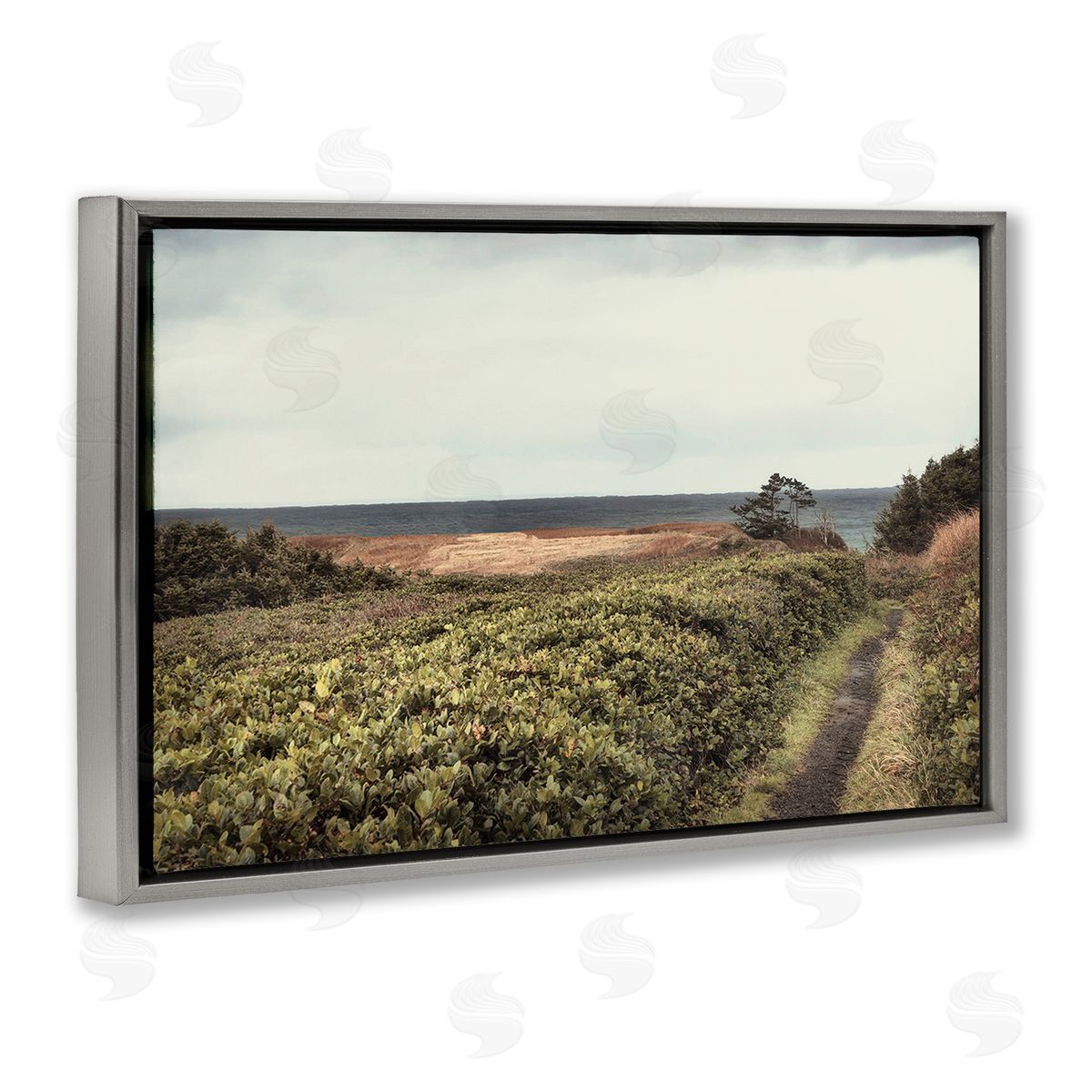 Serene Coastal Pathway Grey Floating Frame Canvas Wall Art, Home Decor by Andy Amos