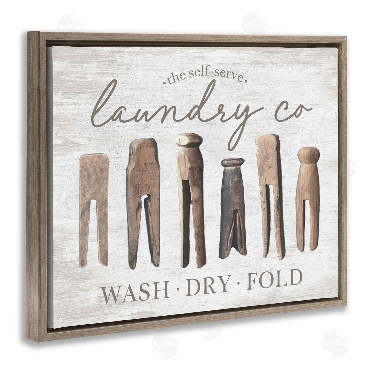 Rustic Laundry Clothespins Brown Floating Frame Canvas Wall Art, Home Decor by Lettered and Lined