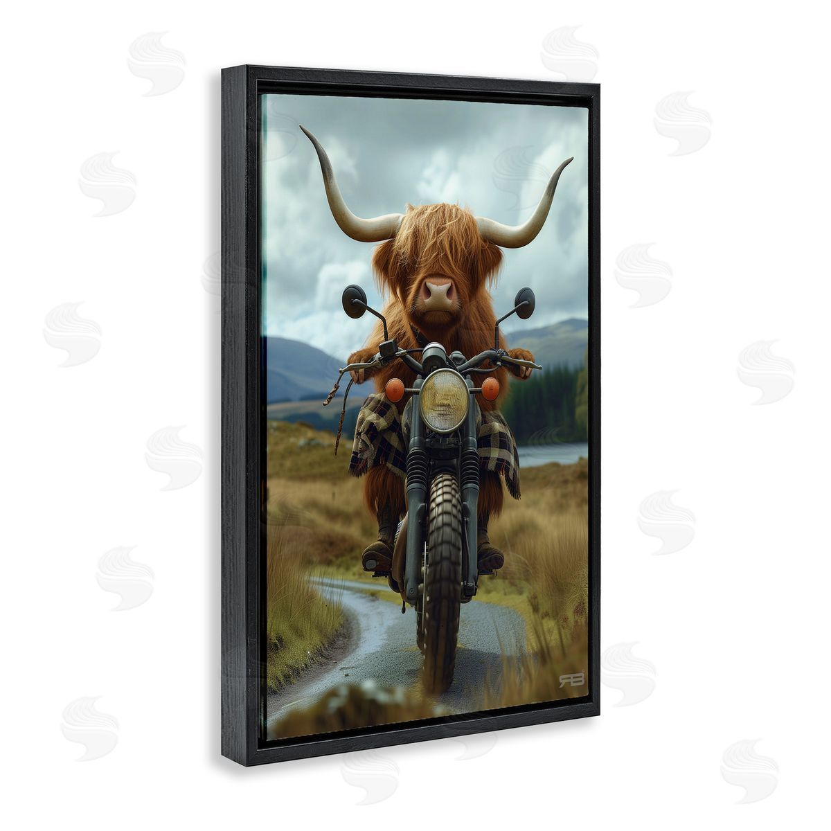 Motorbike Rural Cattle Black Floating Frame Canvas Wall Art, Home Decor by Roozbeh Bahramali
