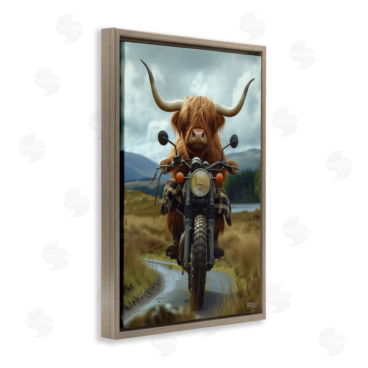 Motorbike Rural Cattle Brown Floating Frame Canvas Wall Art, Home Decor by Roozbeh Bahramali