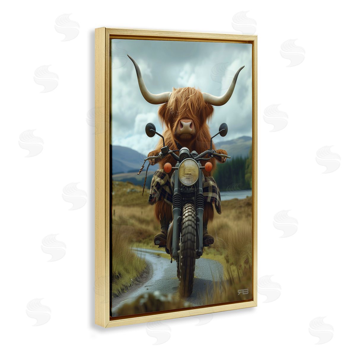 Motorbike Rural Cattle Gold Floating Frame Canvas Wall Art, Home Decor by Roozbeh Bahramali