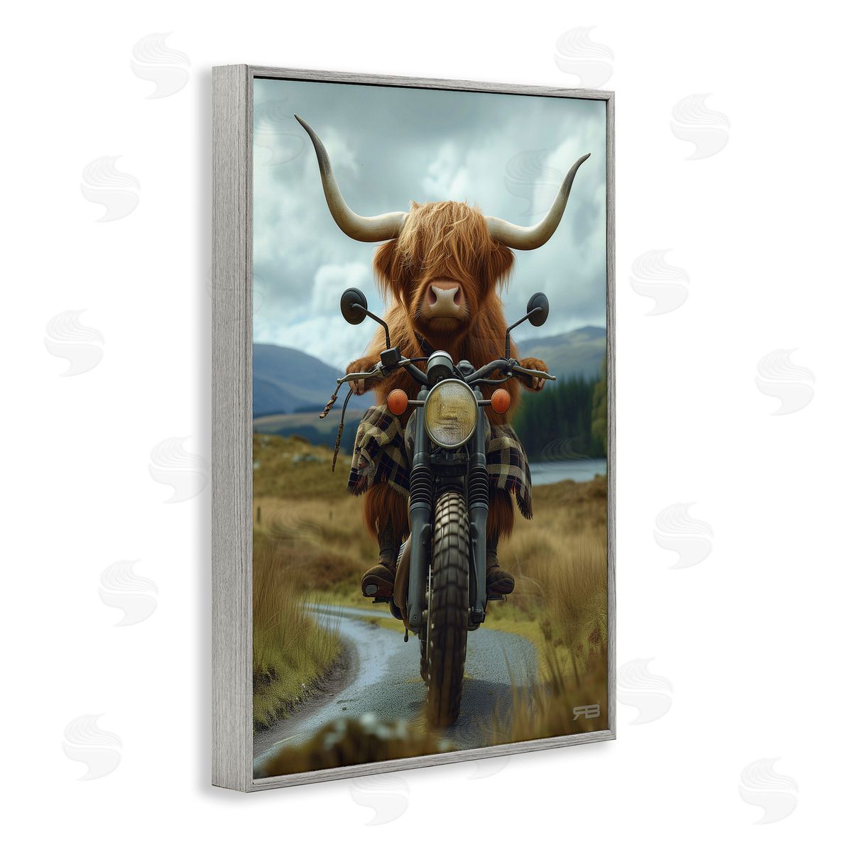Motorbike Rural Cattle Grey Frame Print Wall Art, Home Decor by Roozbeh Bahramali