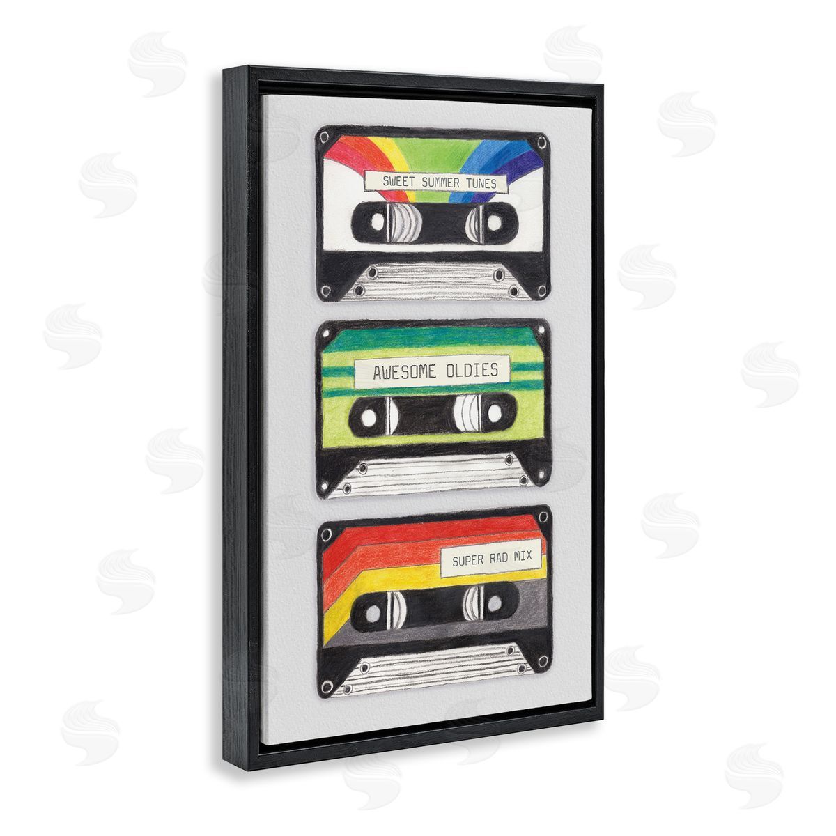 Retro Cassette Tapes Black Floating Frame Canvas Wall Art, Home Decor by Connie Resch