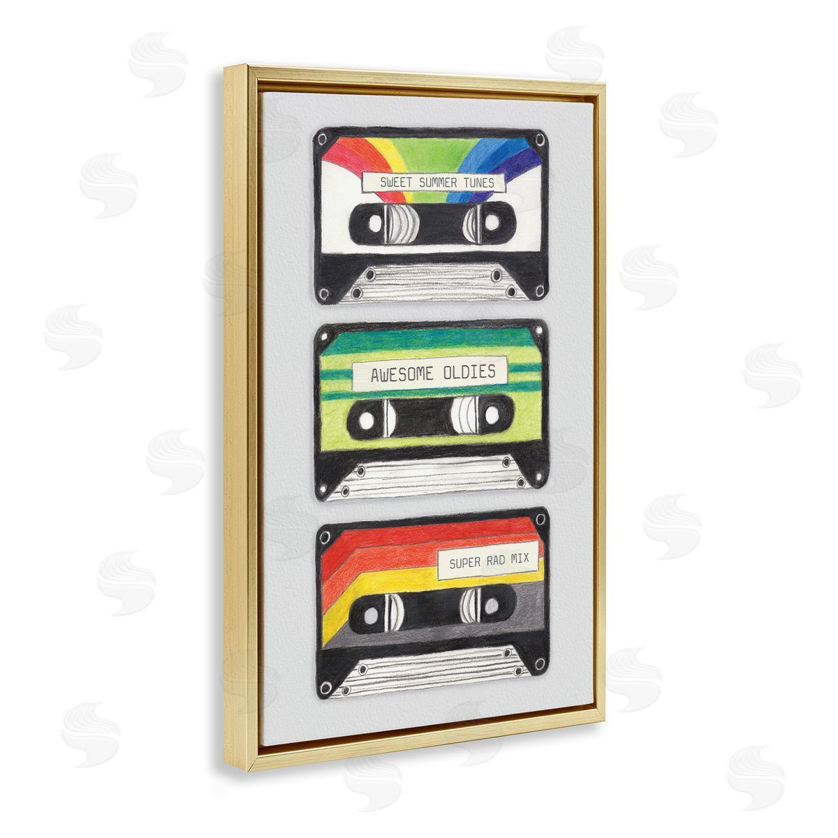 Retro Cassette Tapes Gold Floating Frame Canvas Wall Art, Home Decor by Connie Resch