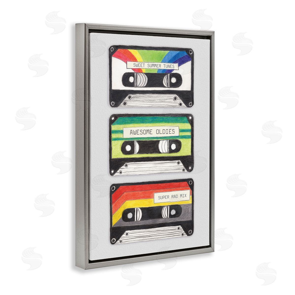 Retro Cassette Tapes Grey Floating Frame Canvas Wall Art, Home Decor by Connie Resch