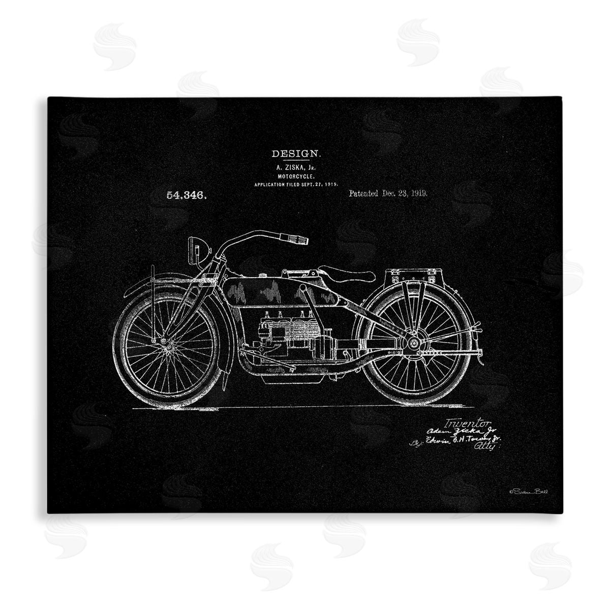 Black Motorcycle Blueprint Canvas Wall Art, Home Decor by Susan Ball