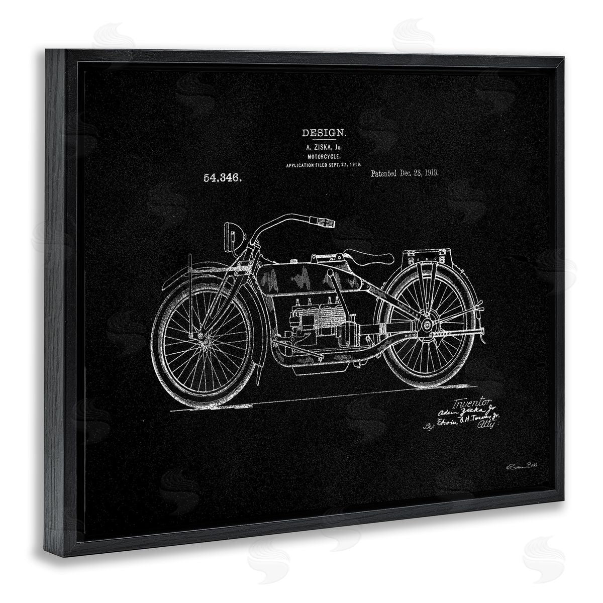 Black Motorcycle Blueprint Black Floating Frame Canvas Wall Art, Home Decor by Susan Ball