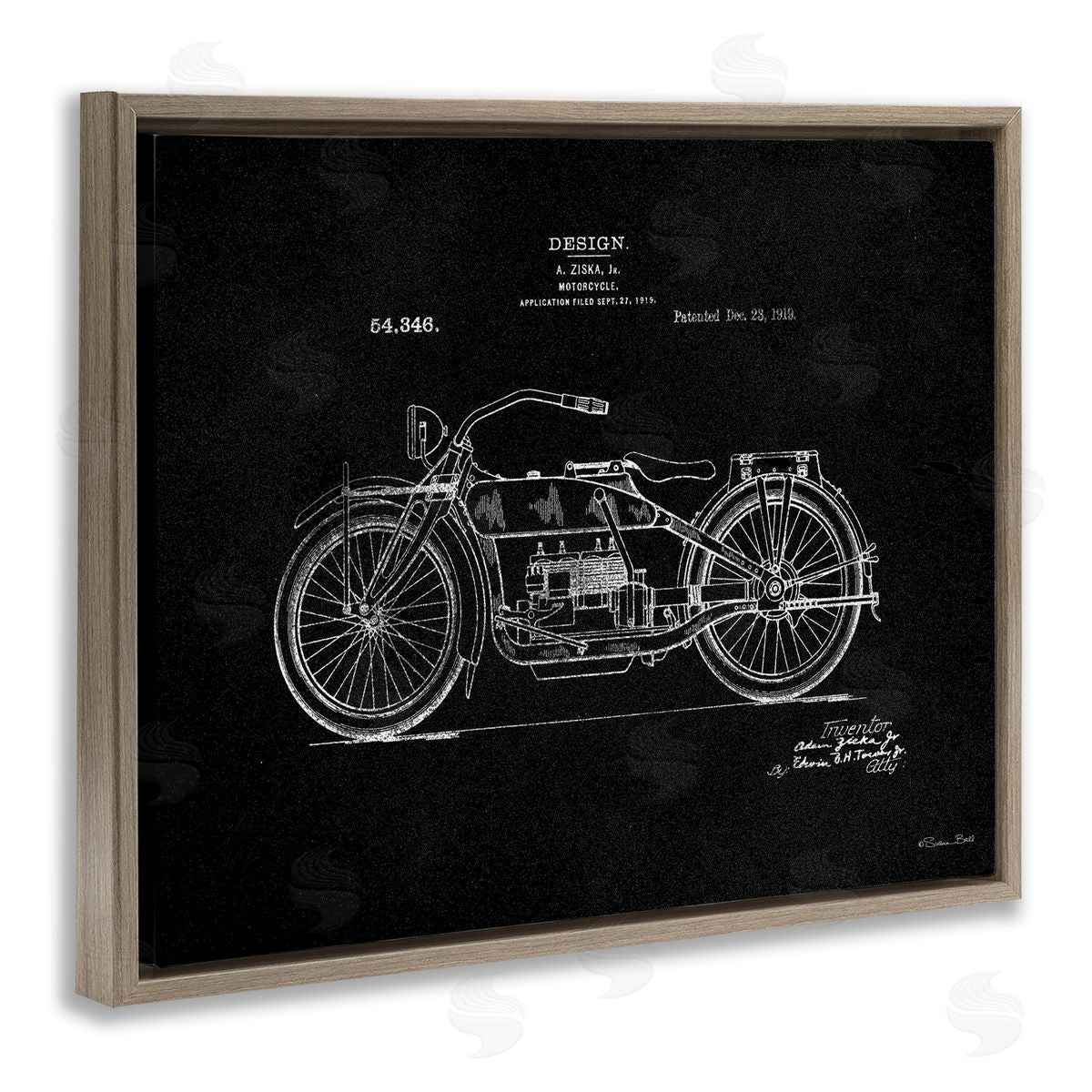 Black Motorcycle Blueprint Brown Floating Frame Canvas Wall Art, Home Decor by Susan Ball