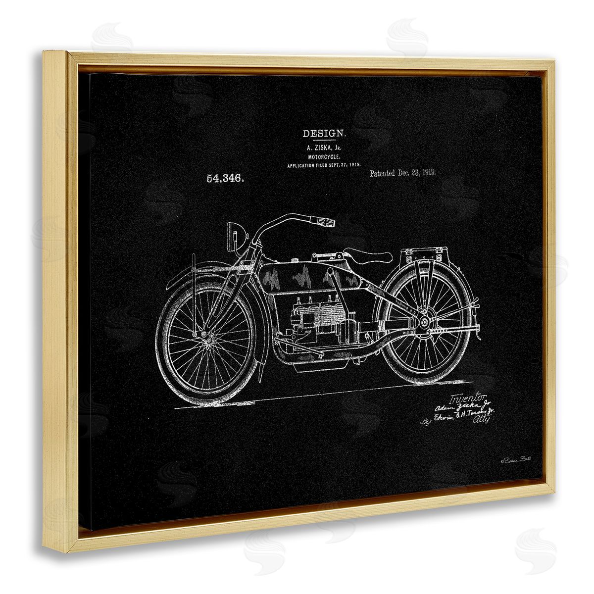 Black Motorcycle Blueprint Gold Floating Frame Canvas Wall Art, Home Decor by Susan Ball