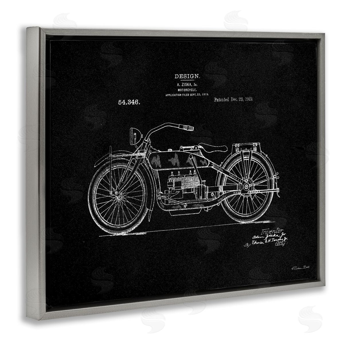 Black Motorcycle Blueprint Grey Floating Frame Canvas Wall Art, Home Decor by Susan Ball