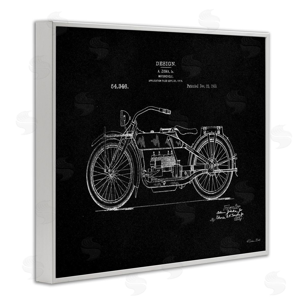 Black Motorcycle Blueprint White Frame Print Wall Art, Home Decor by Susan Ball