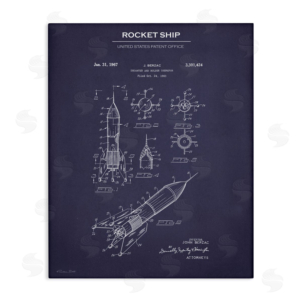 Rocket Ship Blueprint Canvas Wall Art, Home Decor by Susan Ball