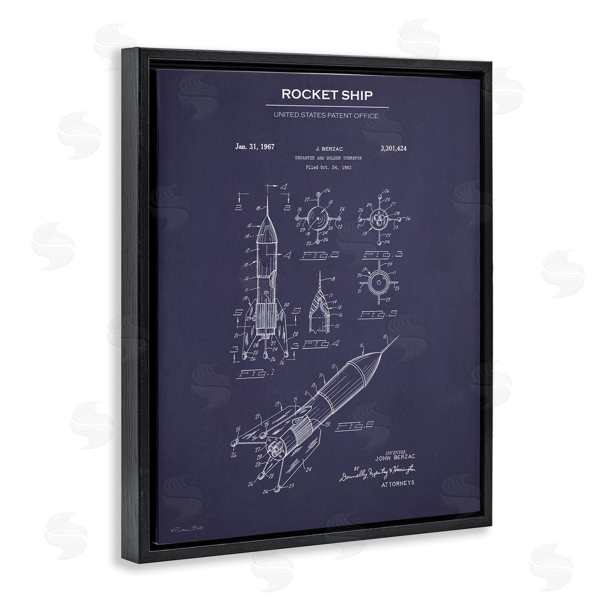 Rocket Ship Blueprint Black Floating Frame Canvas Wall Art, Home Decor by Susan Ball