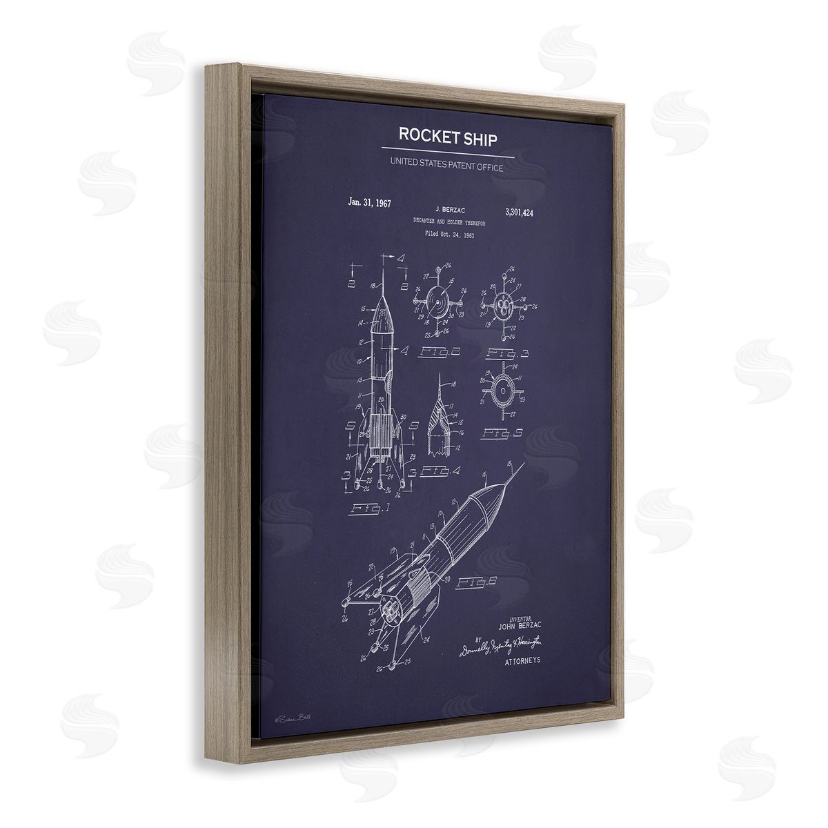 Rocket Ship Blueprint Brown Floating Frame Canvas Wall Art, Home Decor by Susan Ball