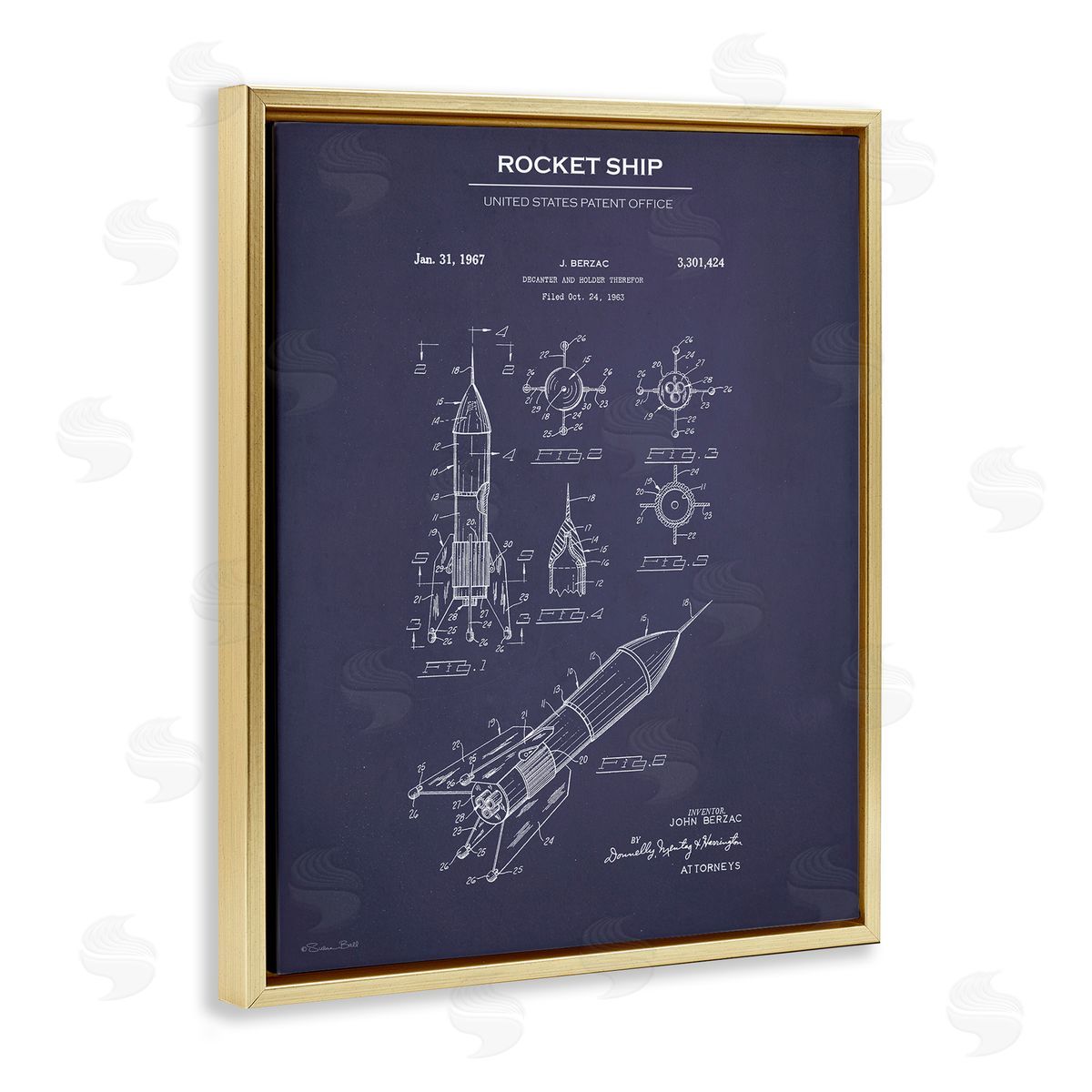 Rocket Ship Blueprint Gold Floating Frame Canvas Wall Art, Home Decor by Susan Ball