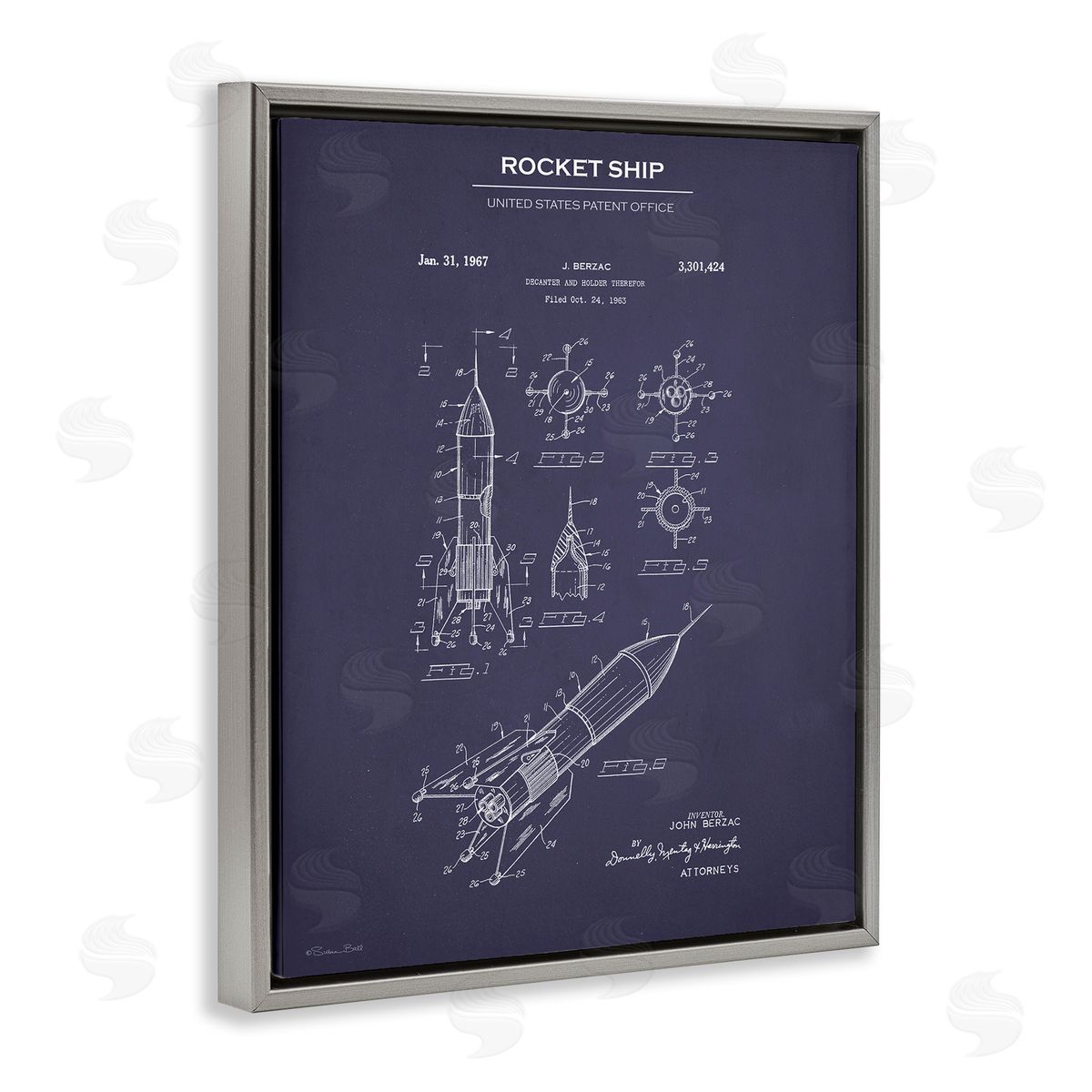 Rocket Ship Blueprint Grey Floating Frame Canvas Wall Art, Home Decor by Susan Ball