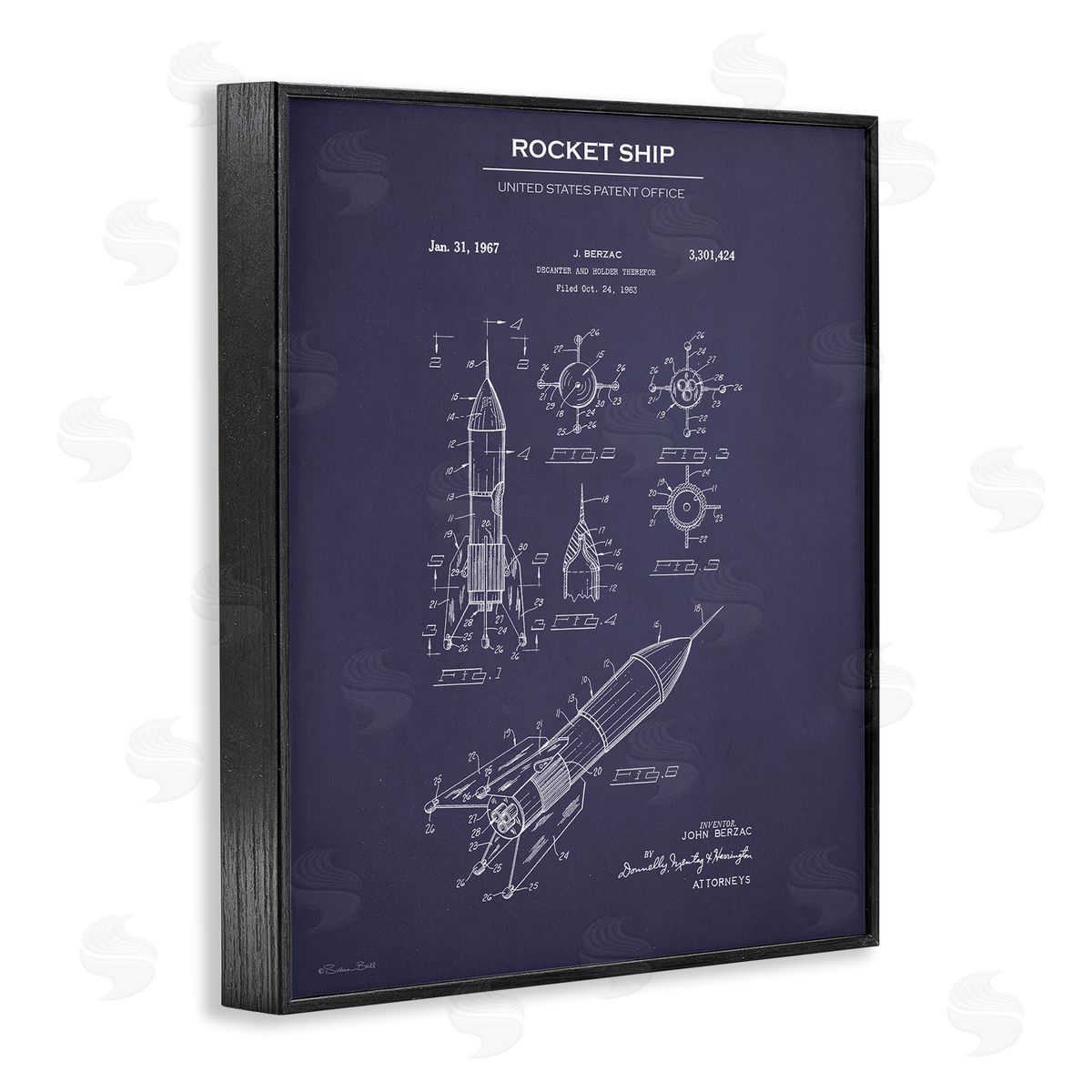 Rocket Ship Blueprint Black Frame Print Wall Art, Home Decor by Susan Ball