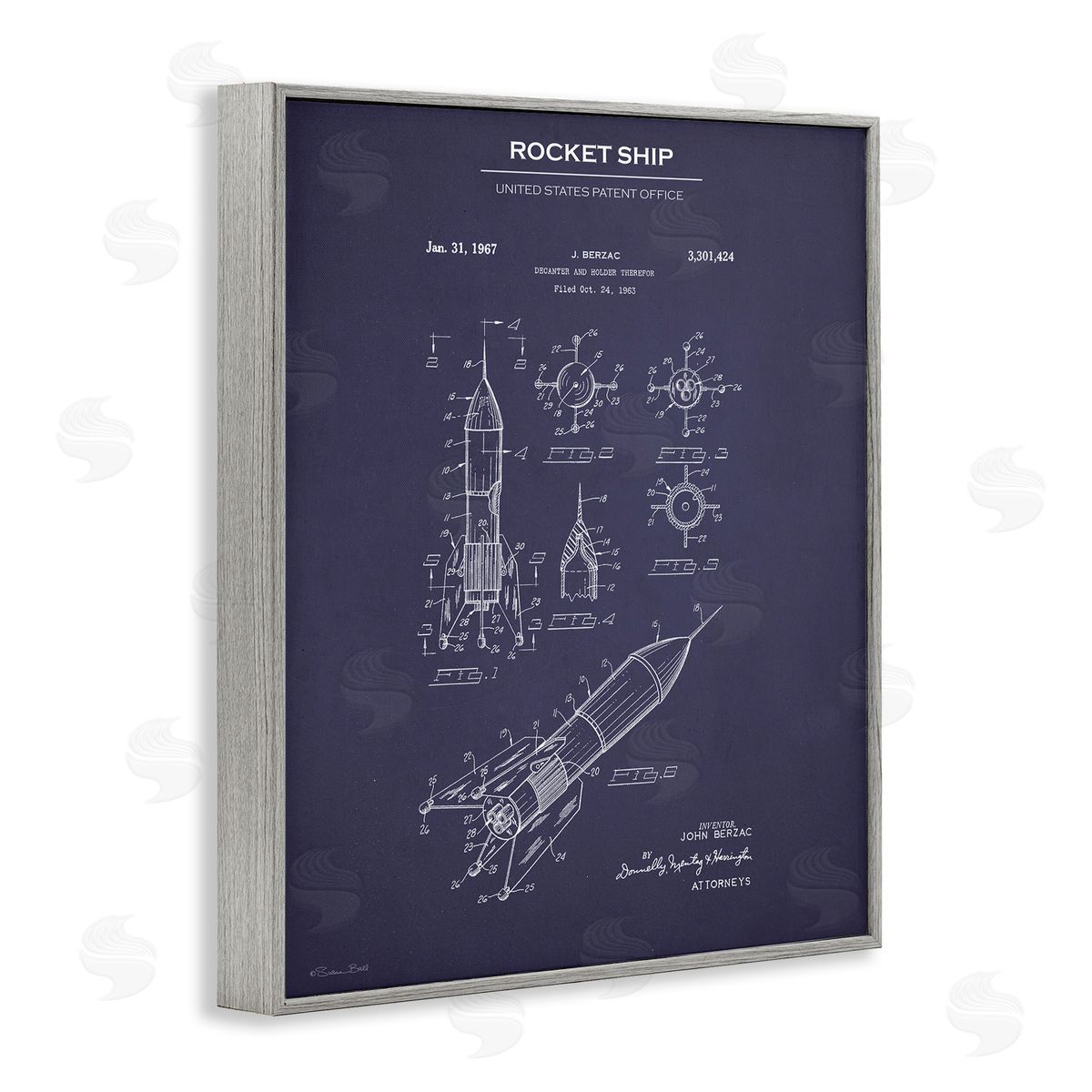 Rocket Ship Blueprint Grey Frame Print Wall Art, Home Decor by Susan Ball