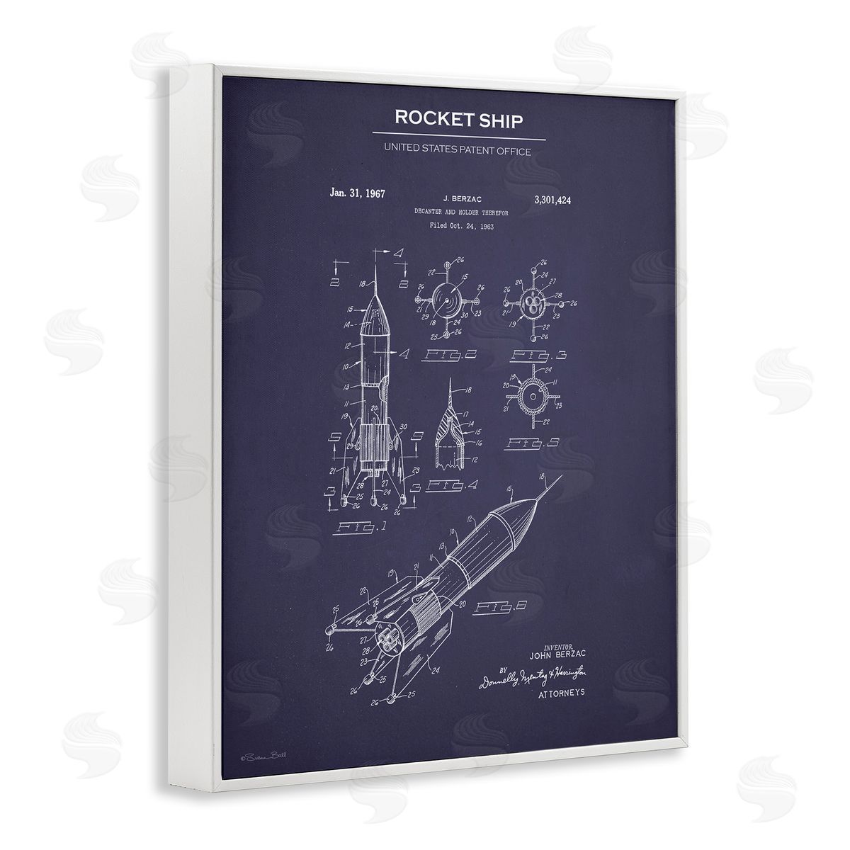 Rocket Ship Blueprint White Frame Print Wall Art, Home Decor by Susan Ball