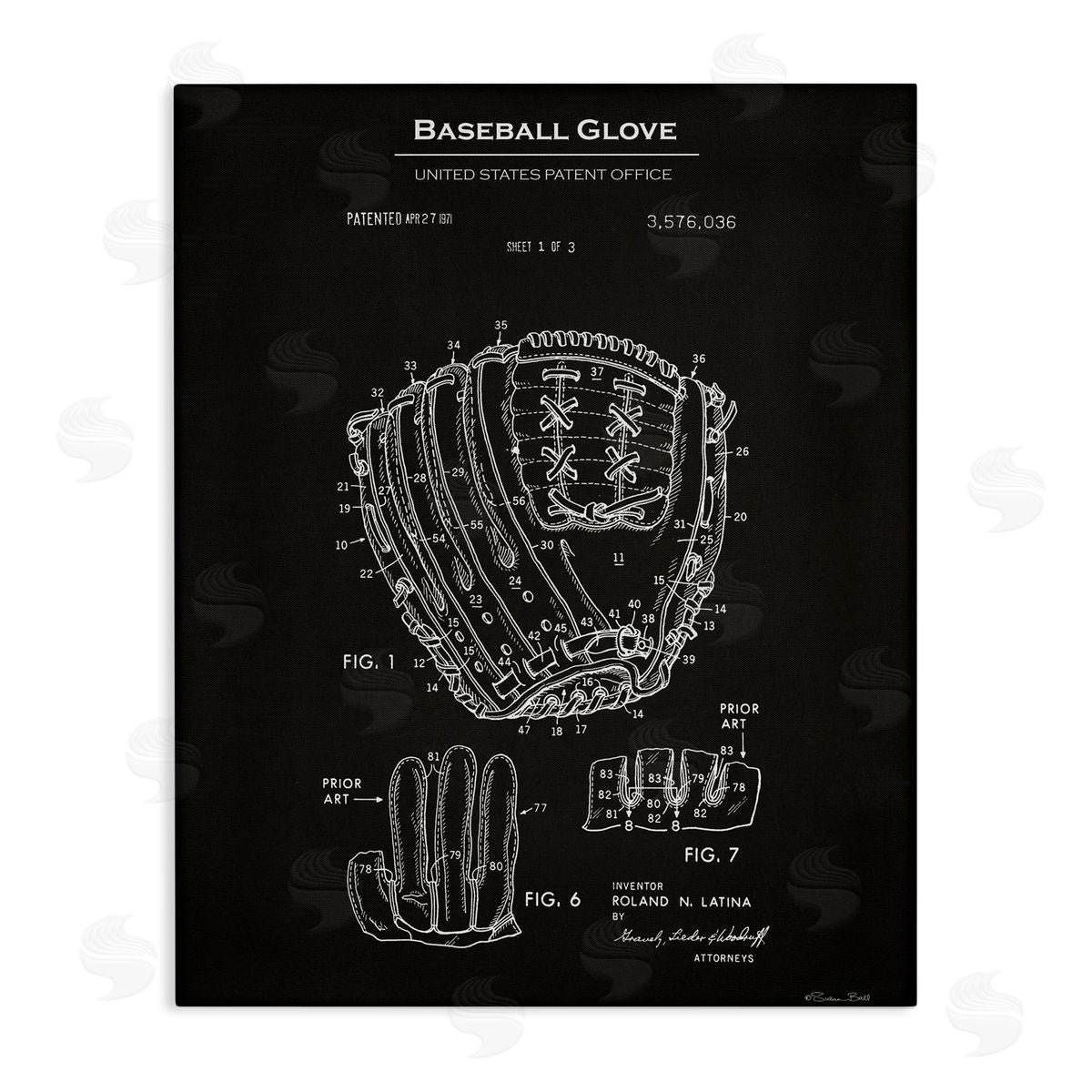 Baseball Glove Blueprint Canvas Wall Art, Home Decor by Susan Ball