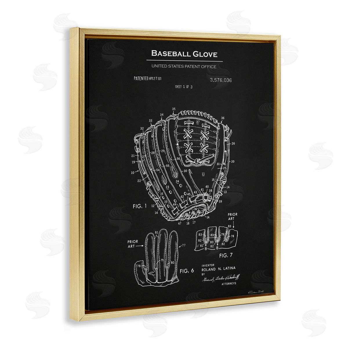 Baseball Glove Blueprint Gold Floating Frame Canvas Wall Art, Home Decor by Susan Ball