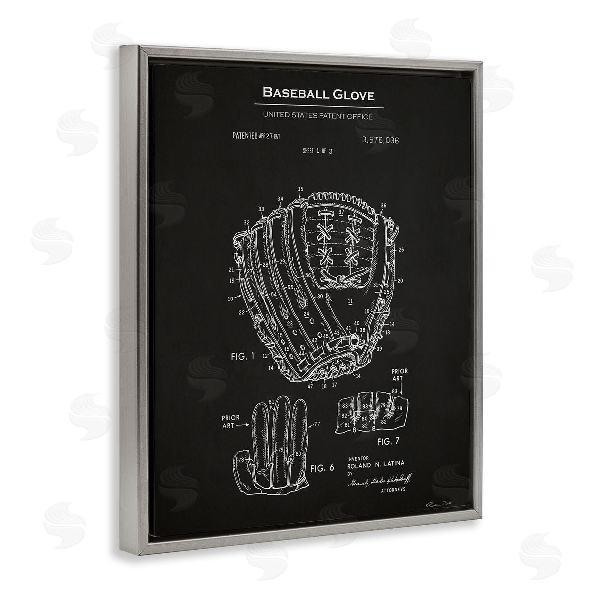 Baseball Glove Blueprint Grey Floating Frame Canvas Wall Art, Home Decor by Susan Ball