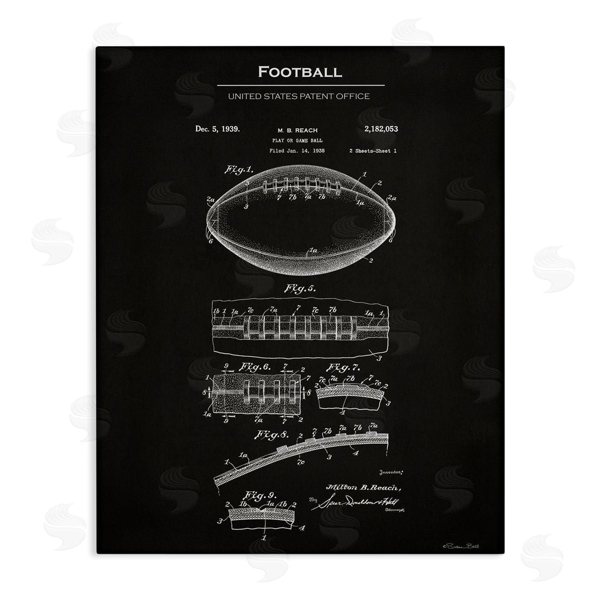 Detailed Football Blueprint Canvas Wall Art, Home Decor by Susan Ball