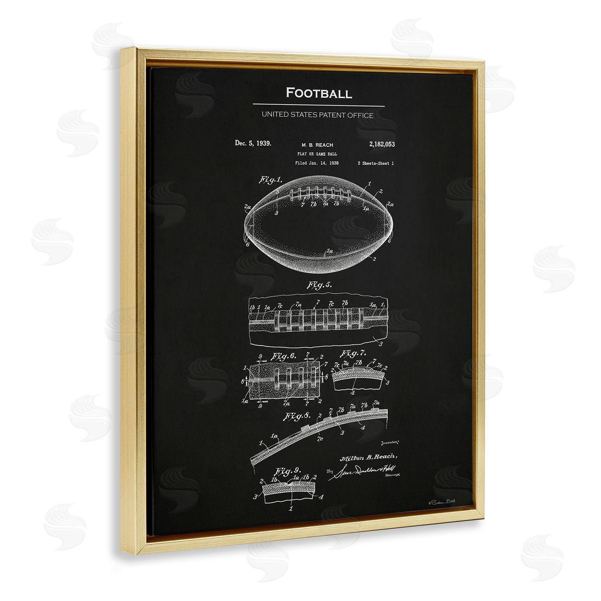 Detailed Football Blueprint Gold Floating Frame Canvas Wall Art, Home Decor by Susan Ball