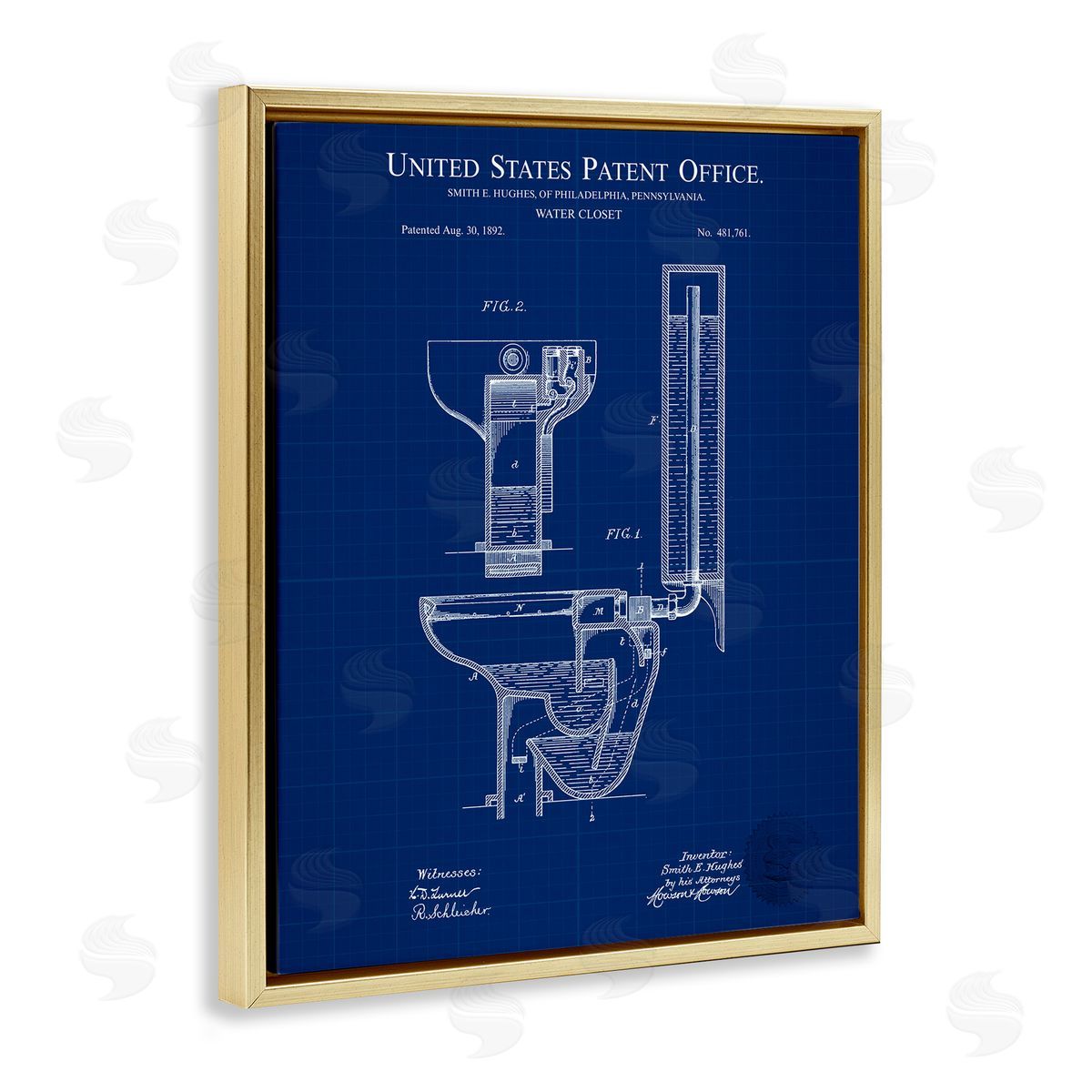 Water Closet Blueprint Gold Floating Frame Canvas Wall Art, Home Decor by Karl Hronek