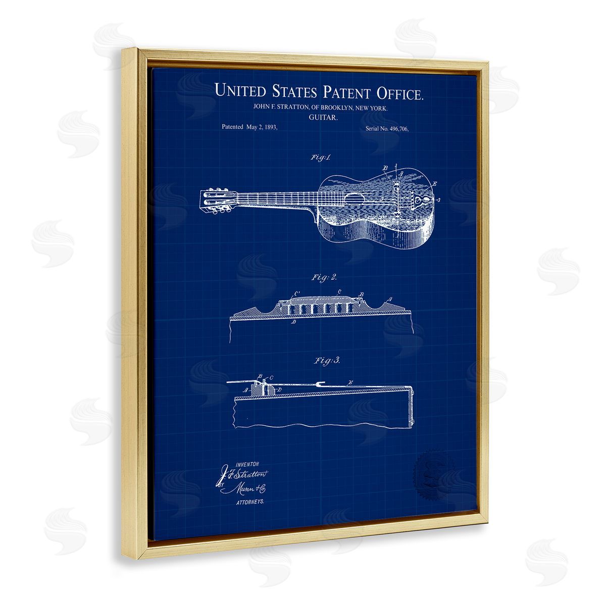 Acoustic Guitar Blueprint Gold Floating Frame Canvas Wall Art, Home Decor by Karl Hronek