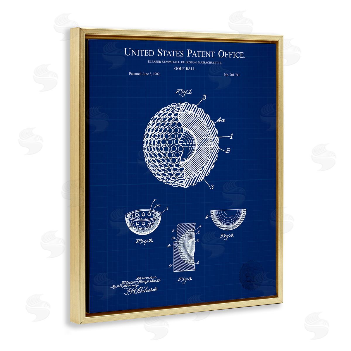 Golf Ball Blueprint Gold Floating Frame Canvas Wall Art, Home Decor by Karl Hronek