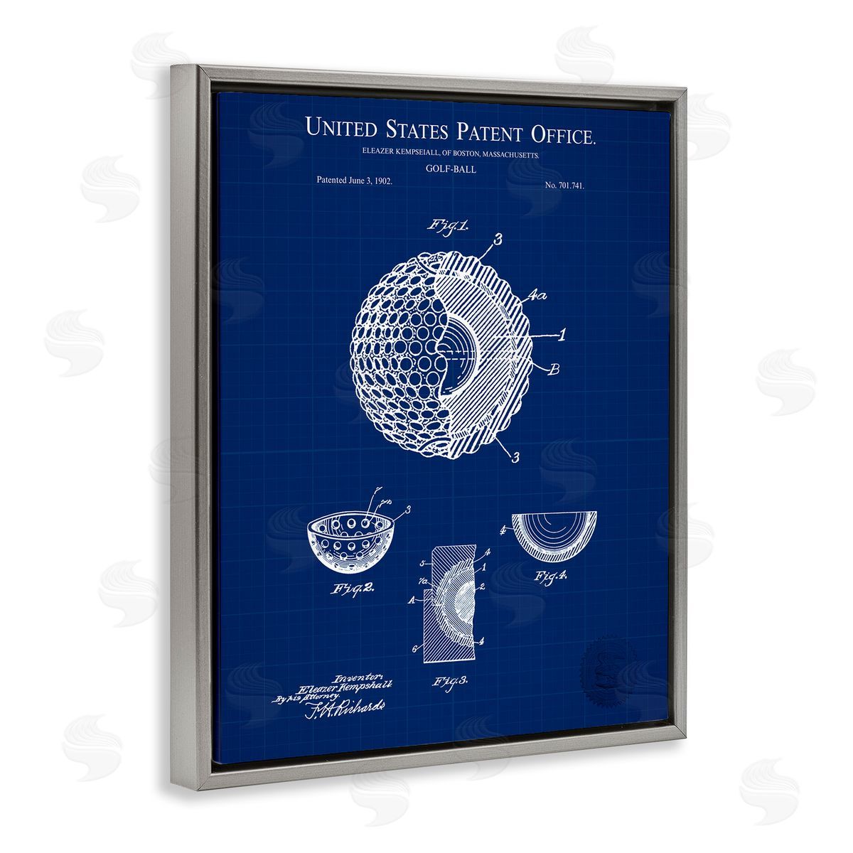 Golf Ball Blueprint Grey Floating Frame Canvas Wall Art, Home Decor by Karl Hronek