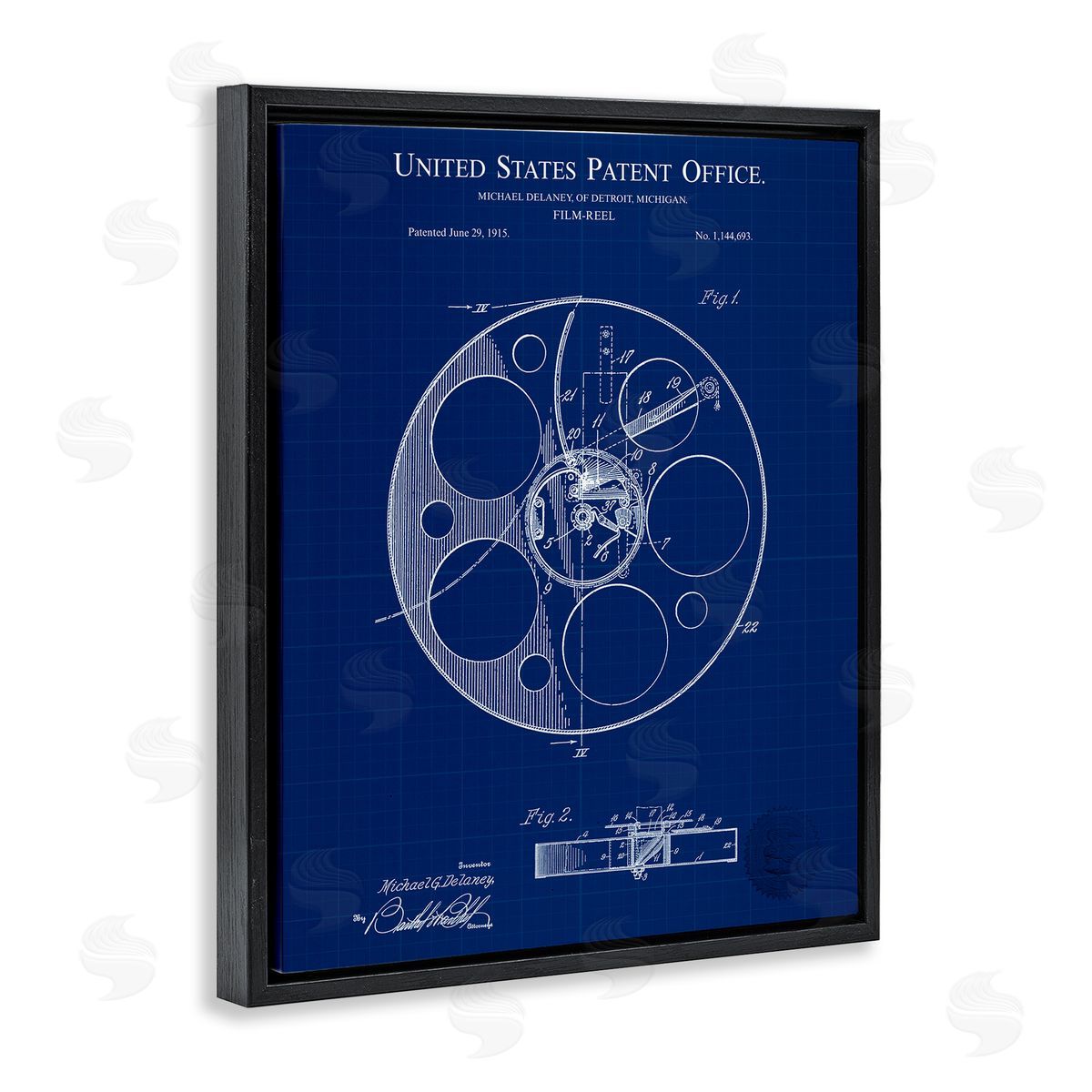 Film Reel Blueprint Black Floating Frame Canvas Wall Art, Home Decor by Karl Hronek