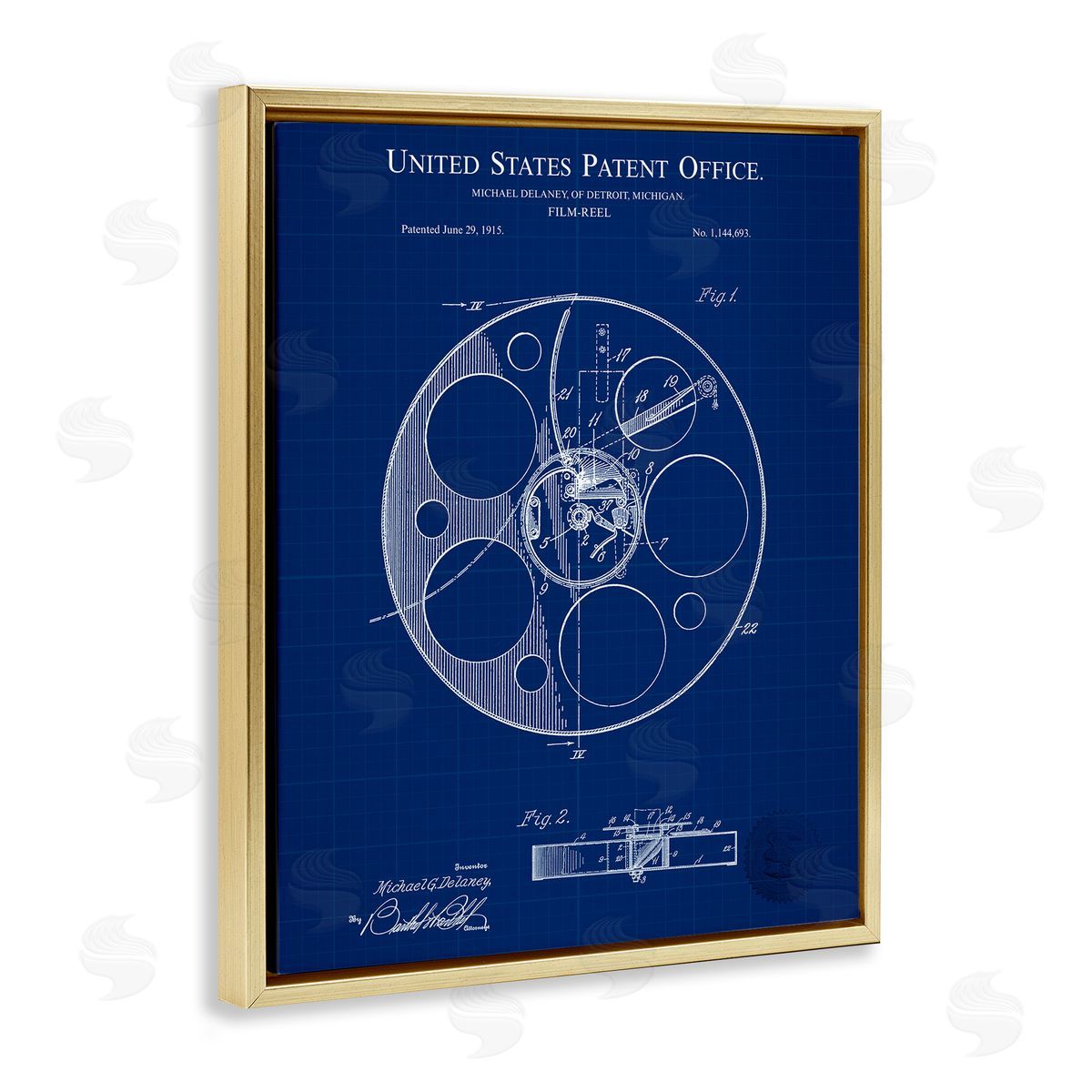 Film Reel Blueprint Gold Floating Frame Canvas Wall Art, Home Decor by Karl Hronek