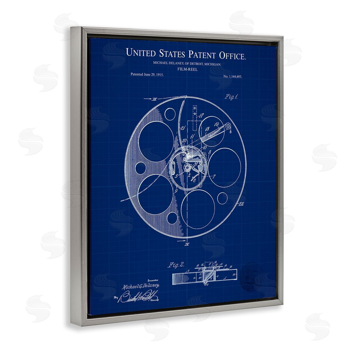 Film Reel Blueprint Grey Floating Frame Canvas Wall Art, Home Decor by Karl Hronek