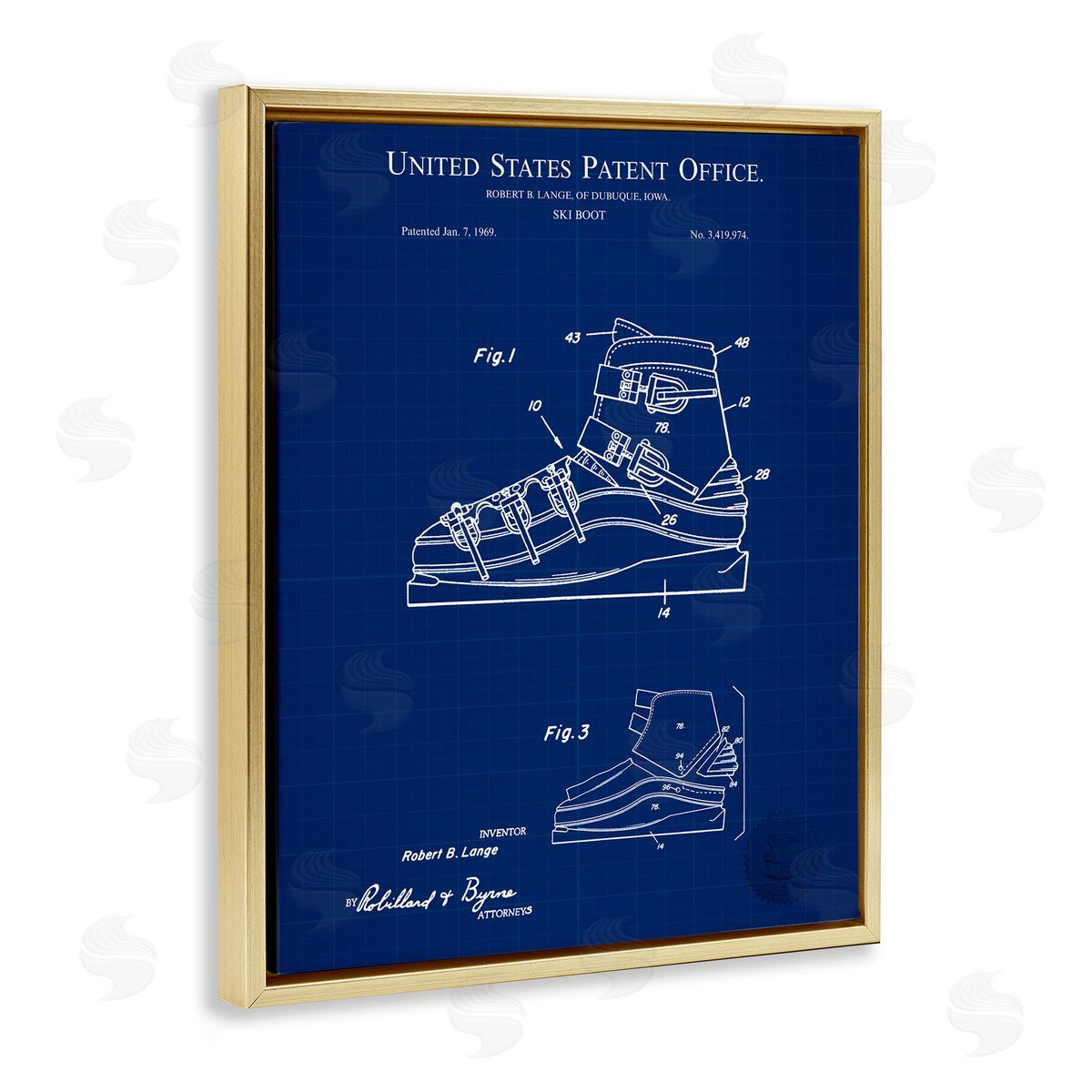 Ski Boot Blueprint Gold Floating Frame Canvas Wall Art, Home Decor by Karl Hronek