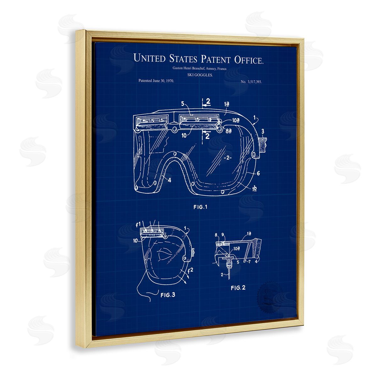 Ski Goggles Blueprint Gold Floating Frame Canvas Wall Art, Home Decor by Karl Hronek