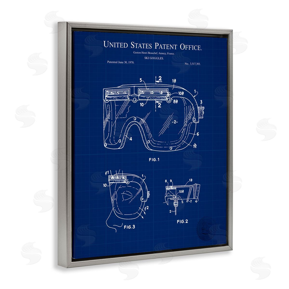 Ski Goggles Blueprint Grey Floating Frame Canvas Wall Art, Home Decor by Karl Hronek