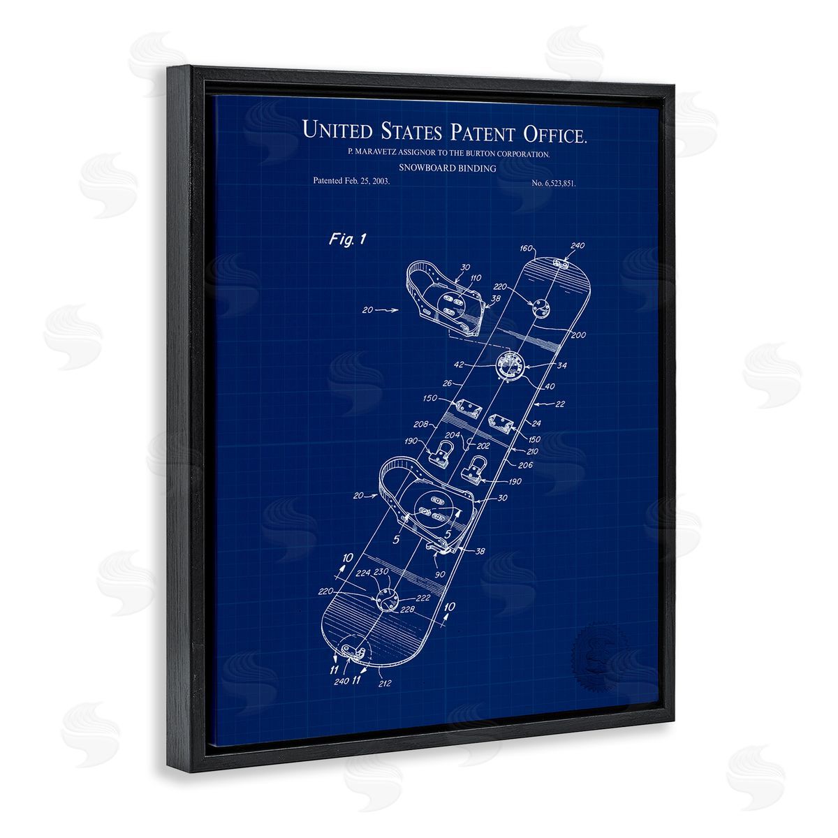 Snowboard Binding Blueprint Black Floating Frame Canvas Wall Art, Home Decor by Karl Hronek