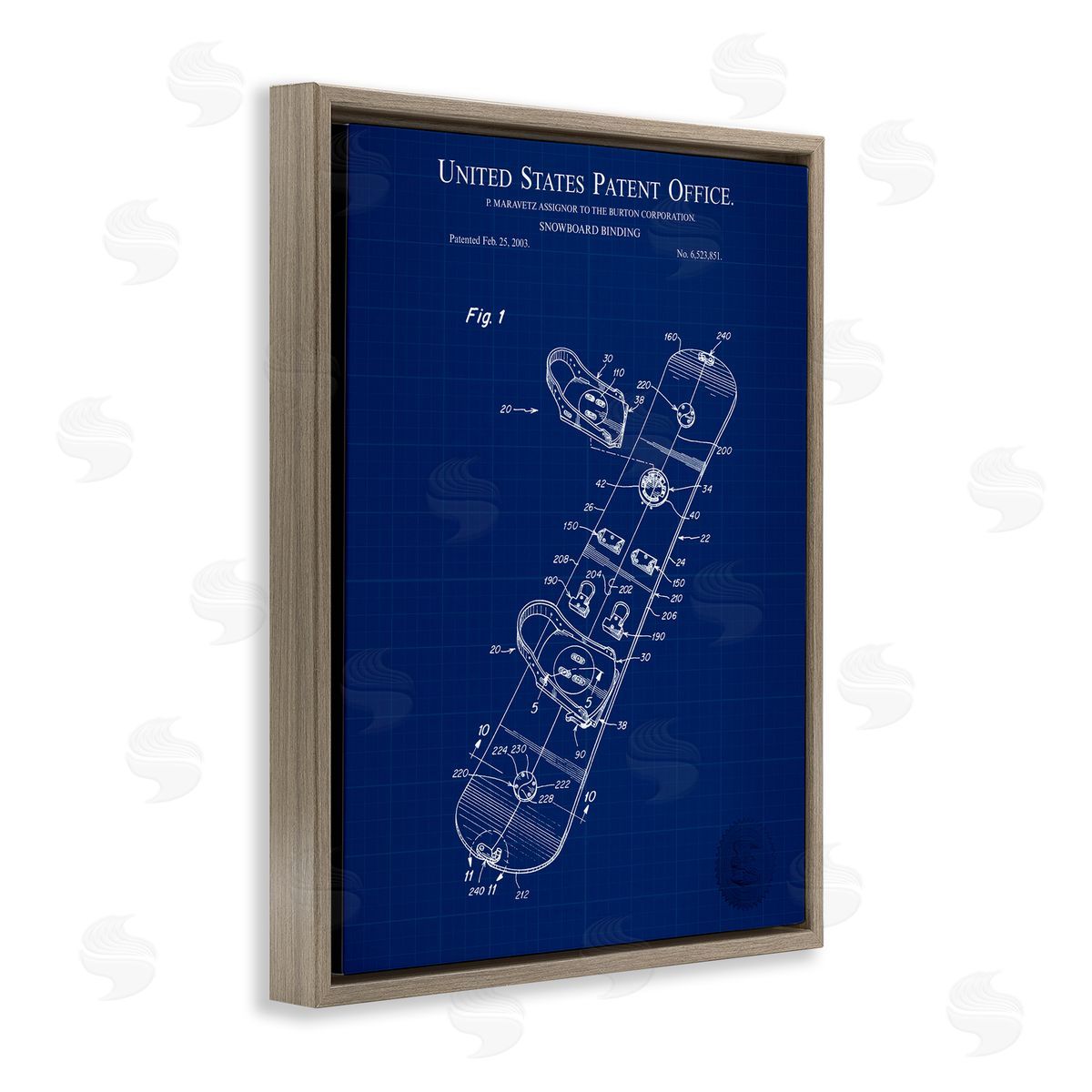 Snowboard Binding Blueprint Brown Floating Frame Canvas Wall Art, Home Decor by Karl Hronek