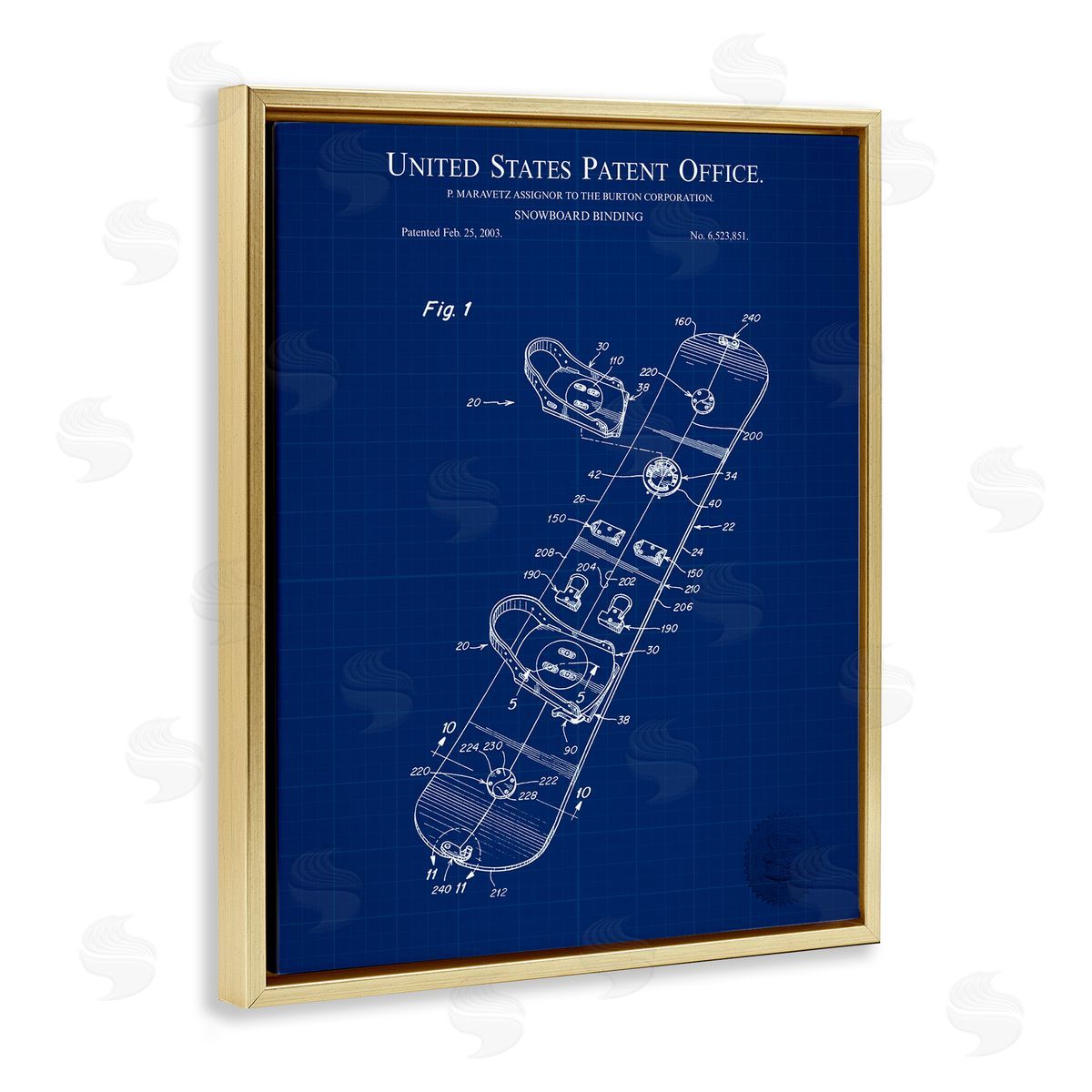Snowboard Binding Blueprint Gold Floating Frame Canvas Wall Art, Home Decor by Karl Hronek