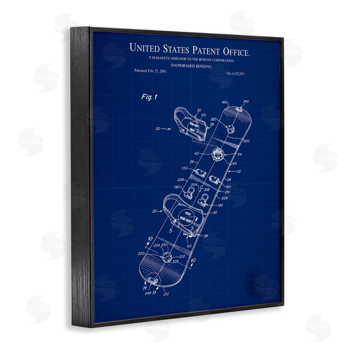 Snowboard Binding Blueprint Black Frame Print Wall Art, Home Decor by Karl Hronek