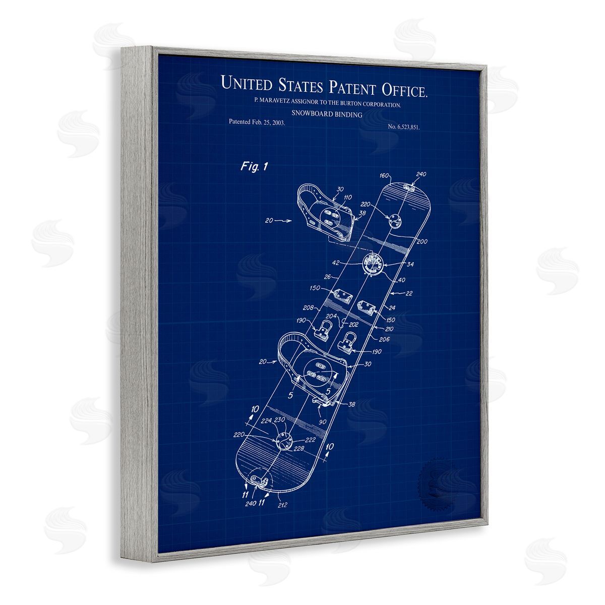 Snowboard Binding Blueprint Grey Frame Print Wall Art, Home Decor by Karl Hronek