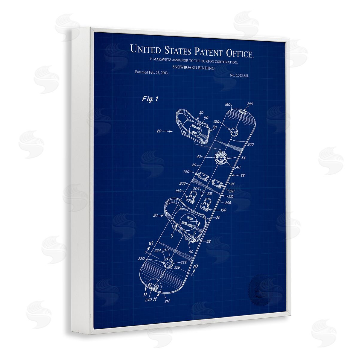 Snowboard Binding Blueprint White Frame Print Wall Art, Home Decor by Karl Hronek