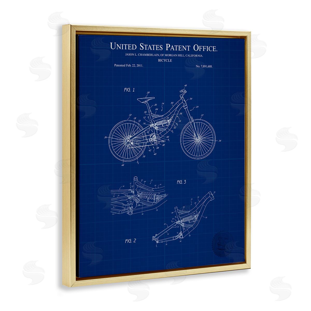 Detailed Bicycle Blueprint Gold Floating Frame Canvas Wall Art, Home Decor by Karl Hronek