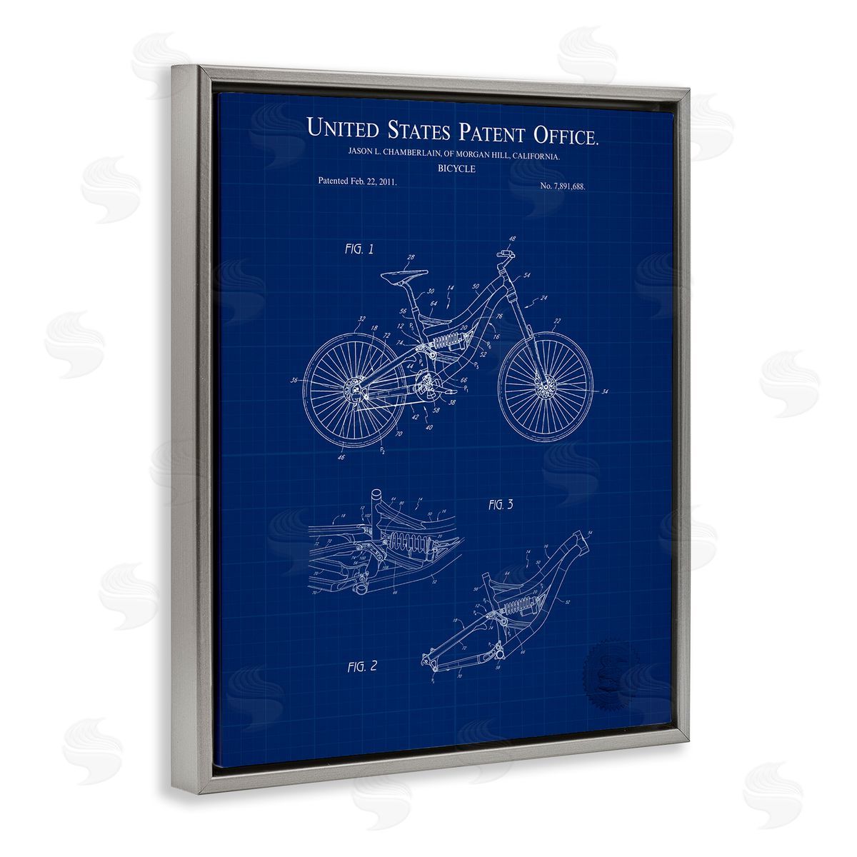 Detailed Bicycle Blueprint Grey Floating Frame Canvas Wall Art, Home Decor by Karl Hronek