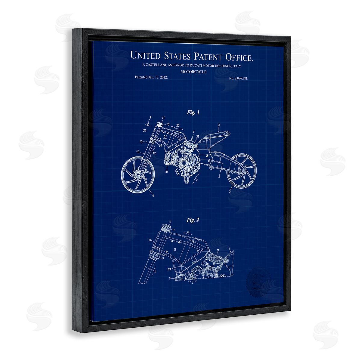 Motorcycle Patent Blueprint Black Floating Frame Canvas Wall Art, Home Decor by Karl Hronek
