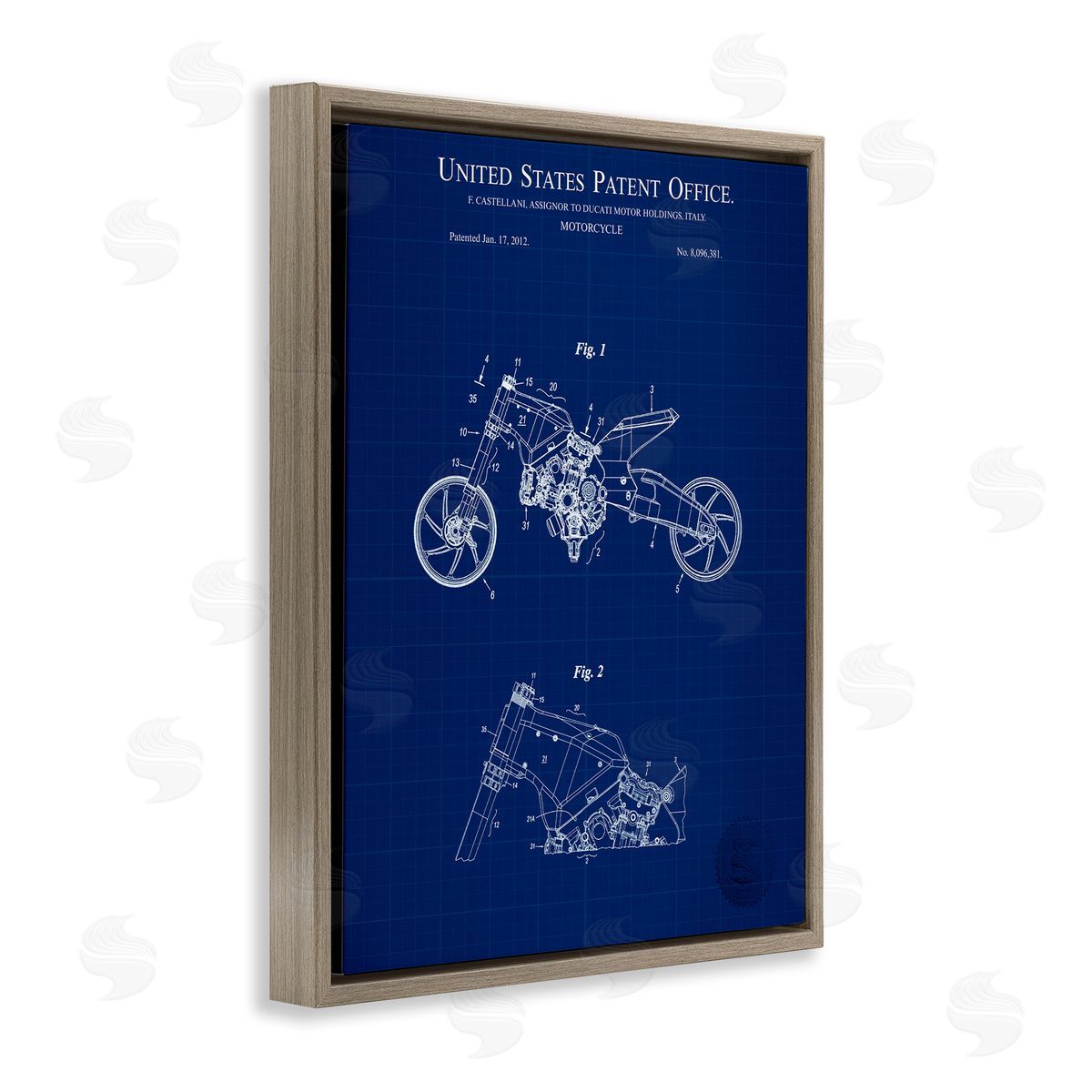 Motorcycle Patent Blueprint Brown Floating Frame Canvas Wall Art, Home Decor by Karl Hronek